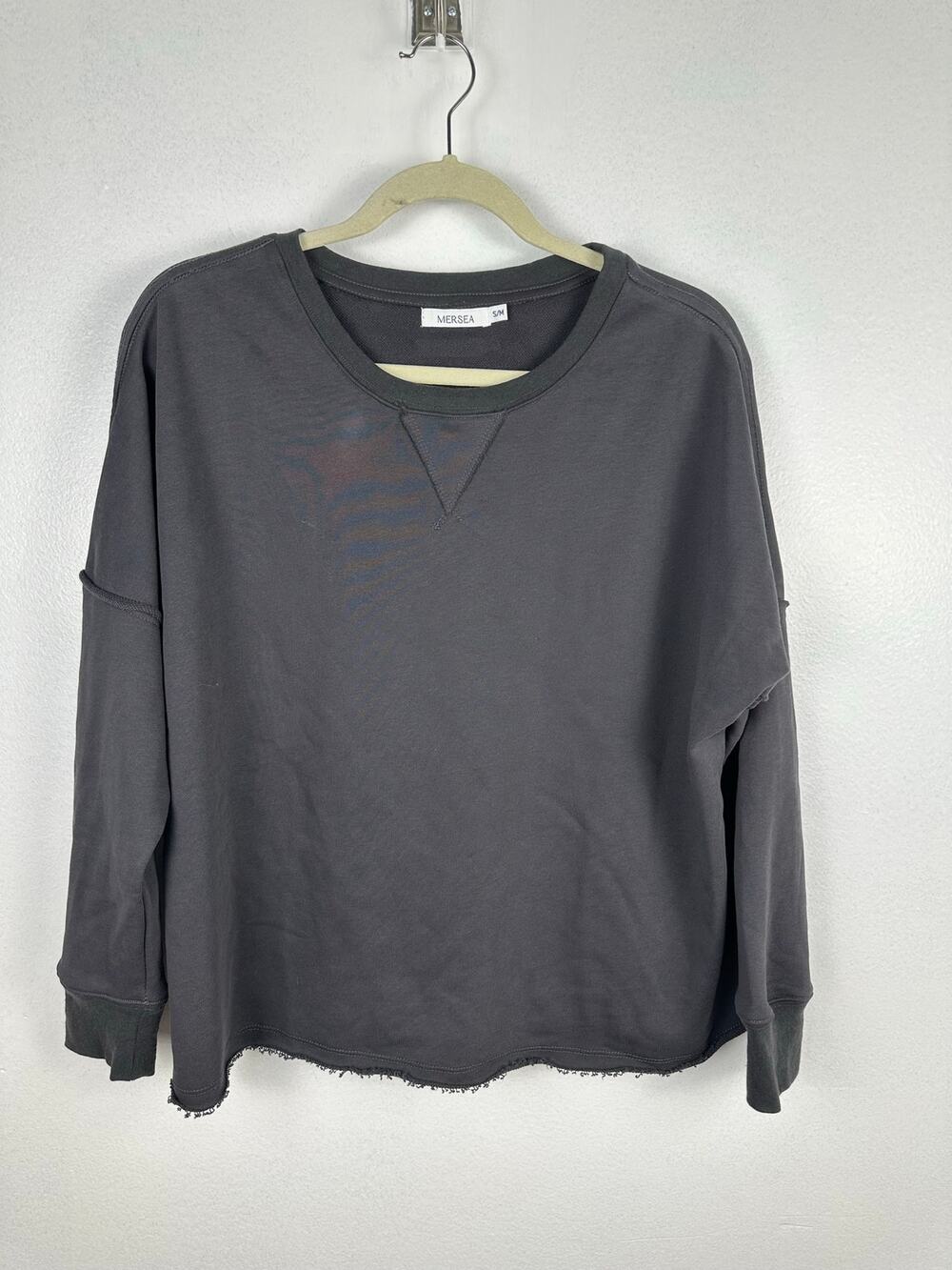 Mersea Frenchie Crewneck Women's Sweatshirt charcoal gray raw hems destressed M
